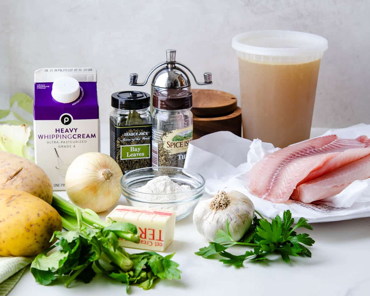 Ingredients for fish chowder recipe.